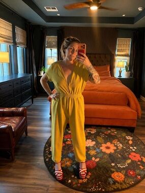 Ada Mustard Yellow V-Neck Jumpsuit with Elastic Waist